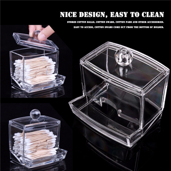 Acrylic Apothecary Vanity Countertop Organizer Box, Qtip Cotton Swab Dispenser Holder